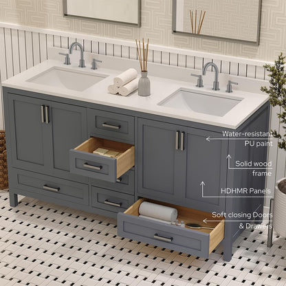 Ayna Decors Rooh 60 Inch Charcoal Grey Bathroom Vanity with Sink, Quartz Countertop, 4 Soft Closing Doors and 5 Full Extension Drawers, Brushed Nickel Hardware
