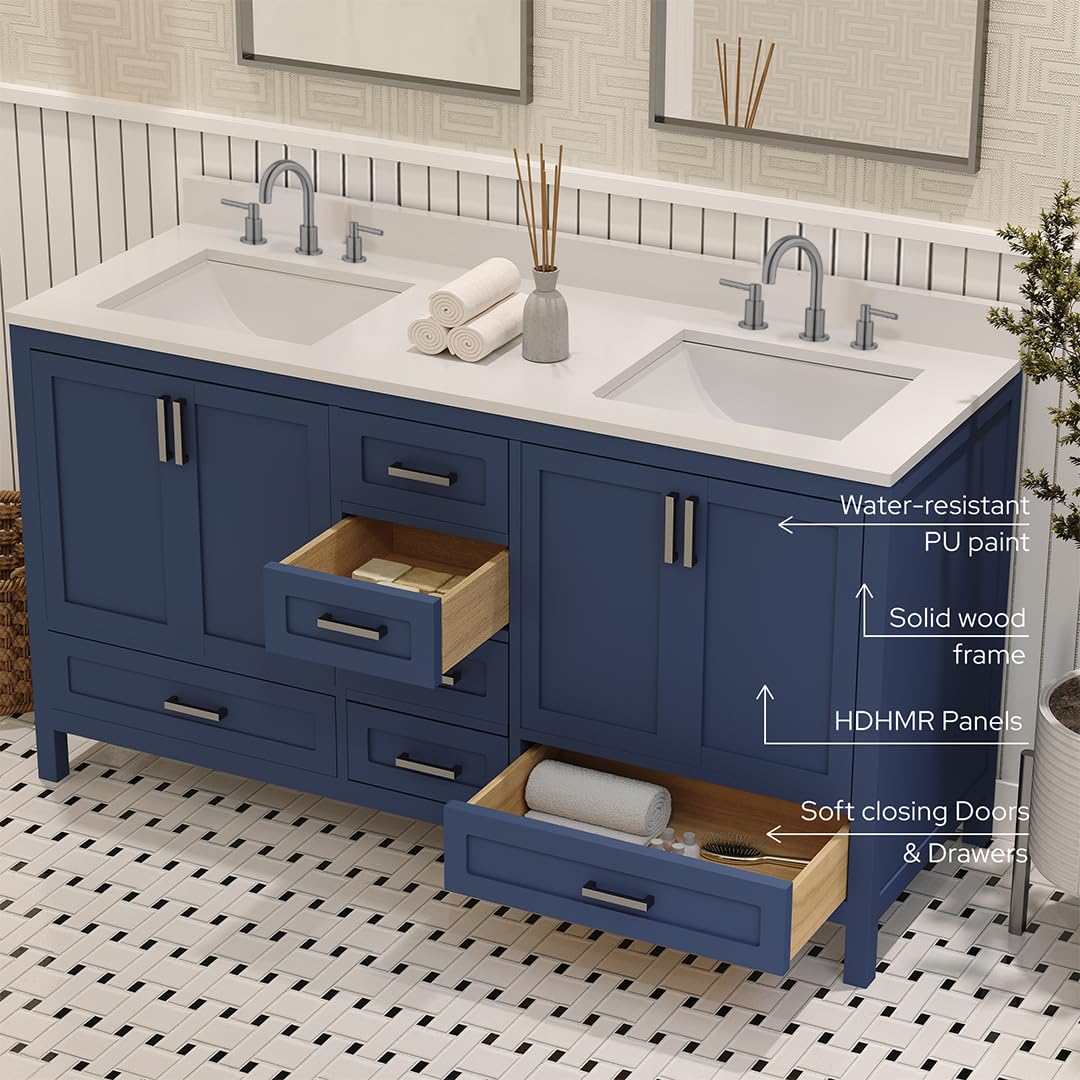 Ayna Decors Rooh 60 Inch Navy Blue Bathroom Vanity with Three Faucet Holes Quartz Countertop, 4 Soft Closing Doors and 5 Full Extension Drawers, Brushed Nickel Hardware
