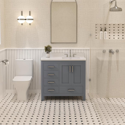 Ayna Decors Rooh 36 Inch Charcoal Grey Bathroom Vanity with Sink, Three Faucet Holes Quartz Top, 2 Soft Closing Doors, and 4 Full Extension Drawers, Brushed Nickel Hardware
