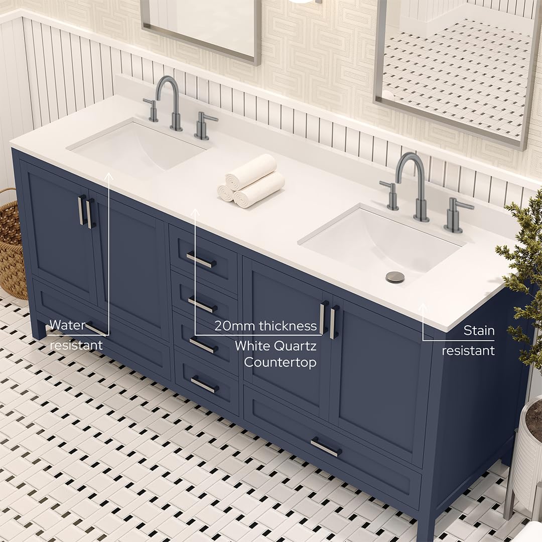 Ayna Decors Rooh 72 Inch Navy Blue Bathroom Vanity with Three Faucet Holes Quartz Countertop, 4 Soft Closing Doors and 5 Full Extension Drawers, Brushed Nickel Hardware
