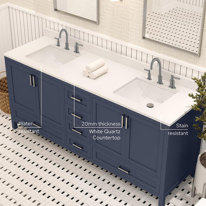 Ayna Decors Rooh 72 Inch Navy Blue Bathroom Vanity with Three Faucet Holes Quartz Countertop, 4 Soft Closing Doors and 5 Full Extension Drawers, Brushed Nickel Hardware