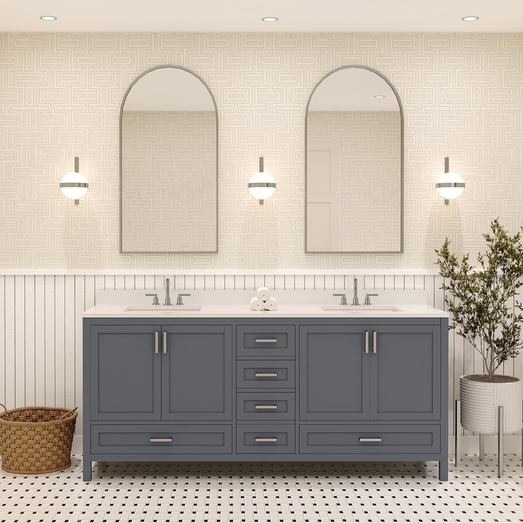 Ayna Decors Rooh 72 Inch Charcoal Grey Bathroom Vanity with Sink, Quartz Countertop, 4 Soft Closing Doors and 5 Full Extension Drawers, Brushed Nickel Hardware