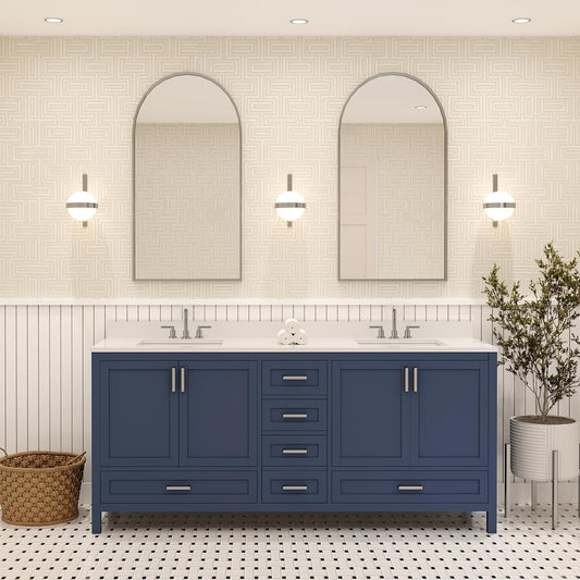 Ayna Decors Rooh 72 Inch Navy Blue Bathroom Vanity with Three Faucet Holes Quartz Countertop, 4 Soft Closing Doors and 5 Full Extension Drawers, Brushed Nickel Hardware