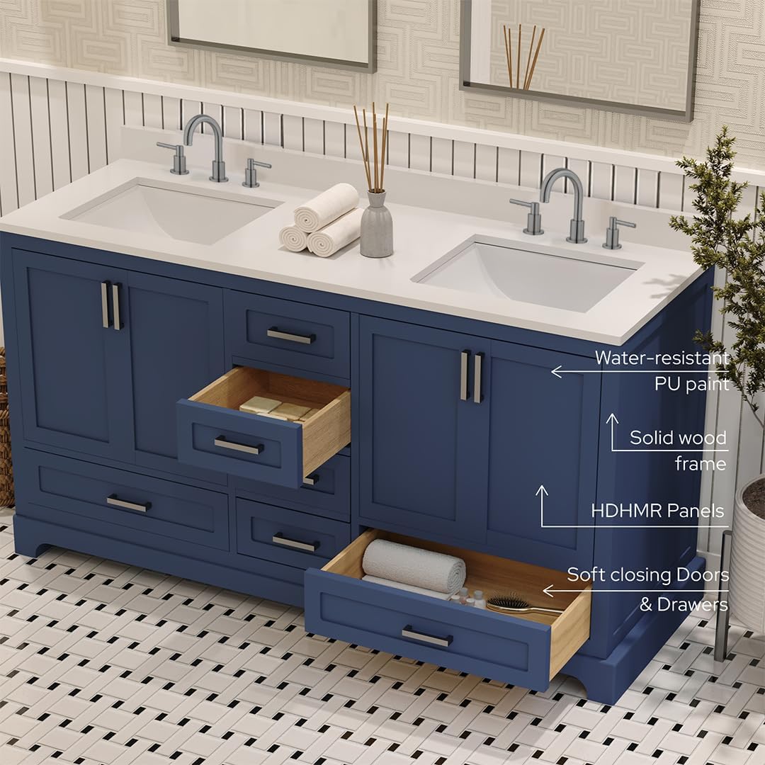 Ayna Decors Maya 60 Inch Navy Blue Bathroom Vanity with Three Faucet Holes Quartz Countertop, 4 Soft Closing Doors and 5 Full Extension Drawers, Brushed Nickel Hardware