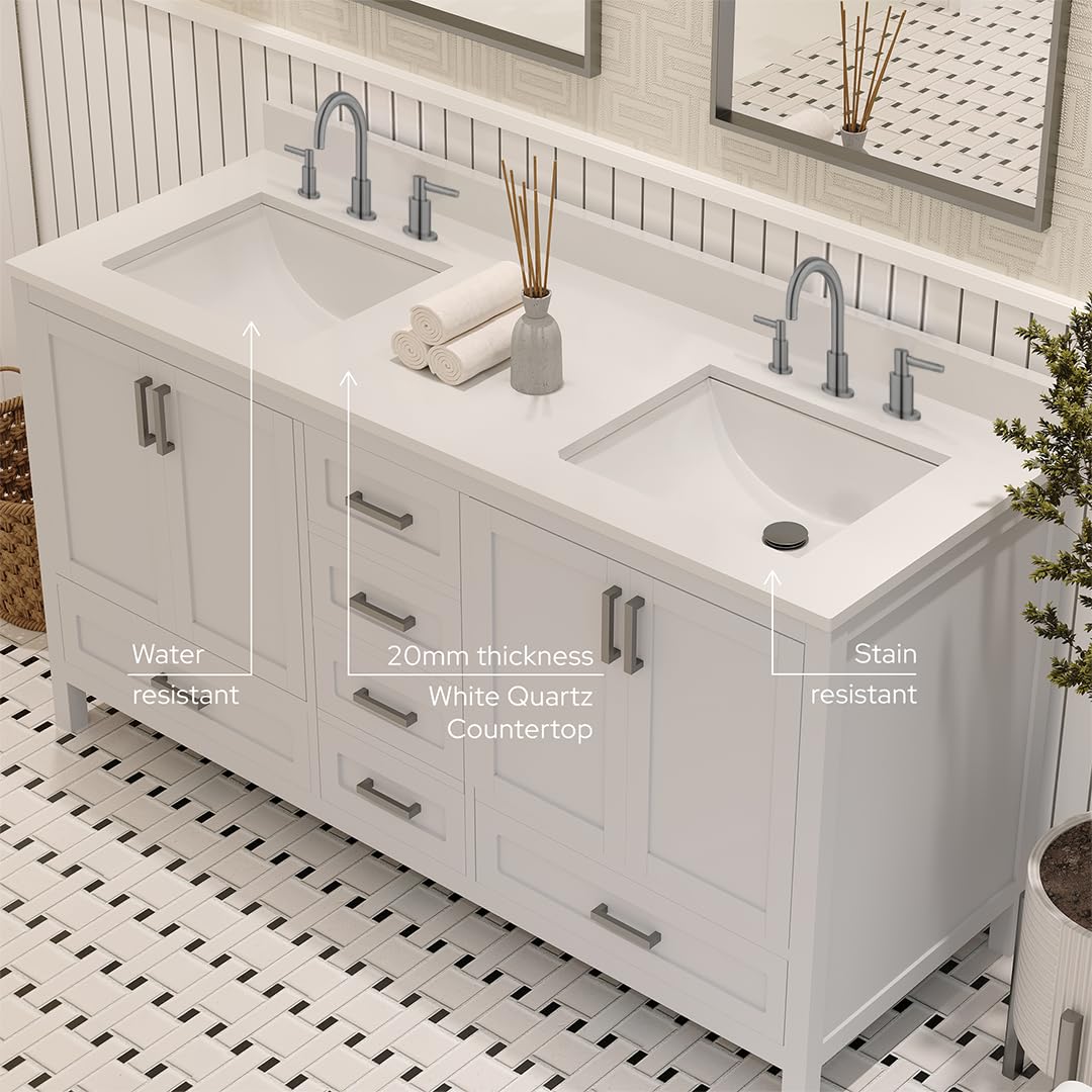 Ayna Decors Rooh 60 Inch White Bathroom Vanity with Three Faucet Holes Quartz Countertop, 4 Soft Closing Doors and 5 Full Extension Drawers, Brushed Nickel Hardware