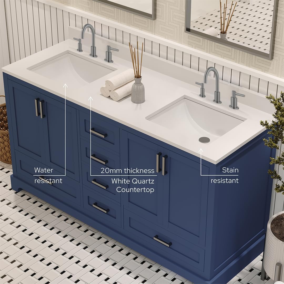 Ayna Decors Maya 60 Inch Navy Blue Bathroom Vanity with Three Faucet Holes Quartz Countertop, 4 Soft Closing Doors and 5 Full Extension Drawers, Brushed Nickel Hardware