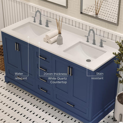 Ayna Decors Maya 60 Inch Navy Blue Bathroom Vanity with Three Faucet Holes Quartz Countertop, 4 Soft Closing Doors and 5 Full Extension Drawers, Brushed Nickel Hardware