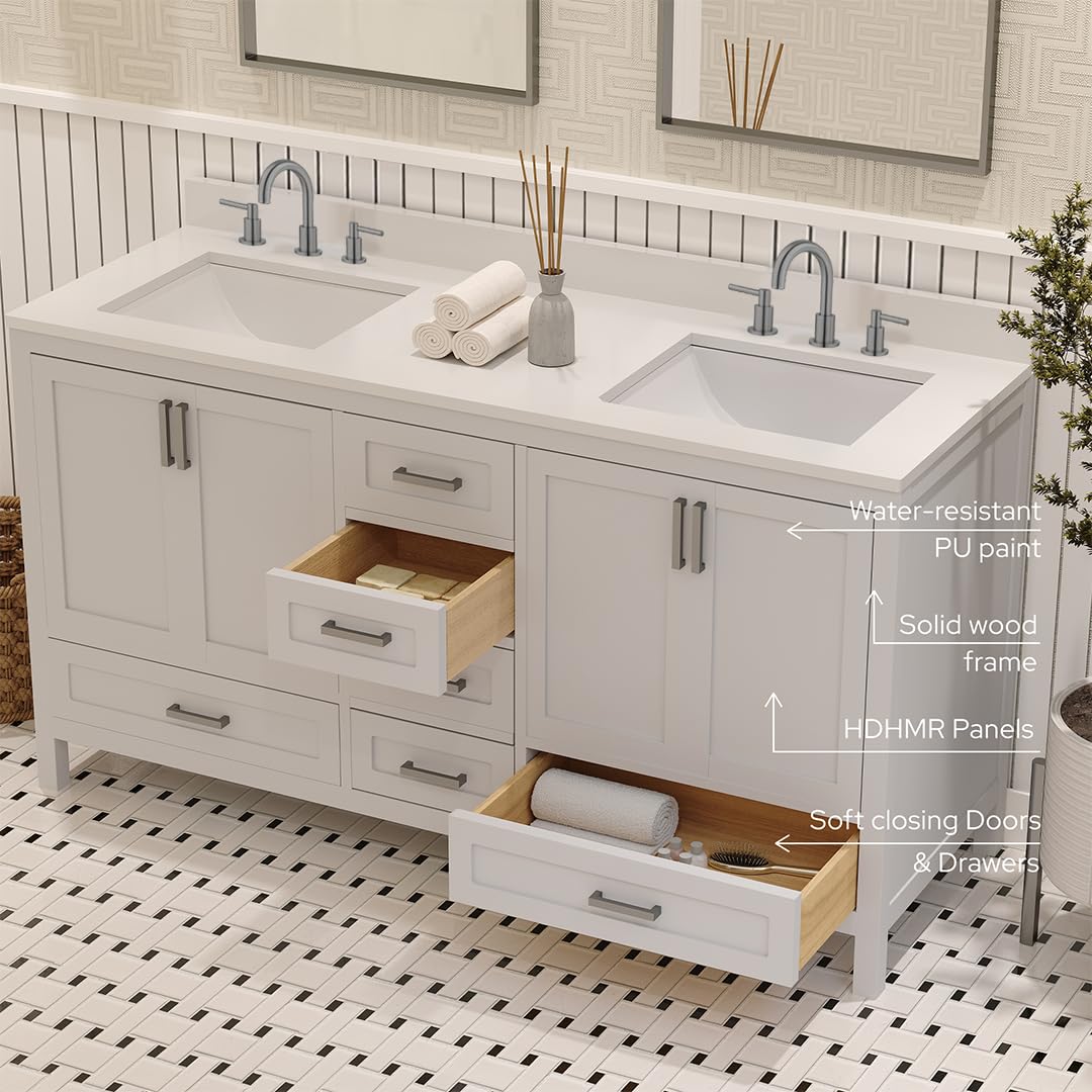 Ayna Decors Rooh 60 Inch White Bathroom Vanity with Three Faucet Holes Quartz Countertop, 4 Soft Closing Doors and 5 Full Extension Drawers, Brushed Nickel Hardware