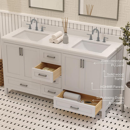 Ayna Decors Rooh 60 Inch White Bathroom Vanity with Three Faucet Holes Quartz Countertop, 4 Soft Closing Doors and 5 Full Extension Drawers, Brushed Nickel Hardware