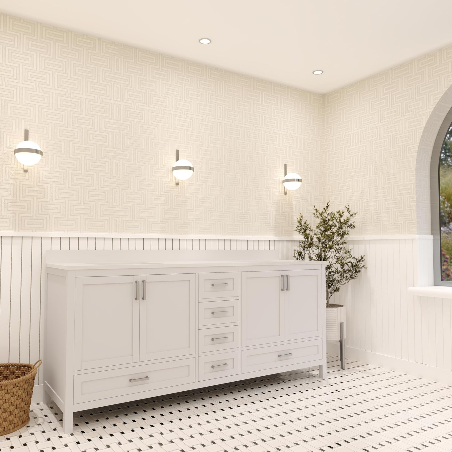 Ayna Decors Rooh 72 Inch White Bathroom Vanity with Sink, Quartz Countertop, 4 Soft Closing Doors and 5 Full Extension Drawers, Brushed Nickel Hardware