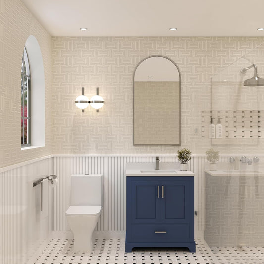 Ayna Decors Maya 30 inch Navy Blue Bathroom Vanity Set with Quartz Countertop, Soft Closing Doors and Full Extension Drawer