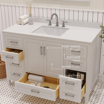 Ayna Decors Rooh 48 Inch White Bathroom Vanity with Sink and Quartz Countertop, 3 Pre-Drilled Faucet Holes, 2 Soft Closing Doors, and 7 Full Extension Drawers, Brushed Nickel Hardware