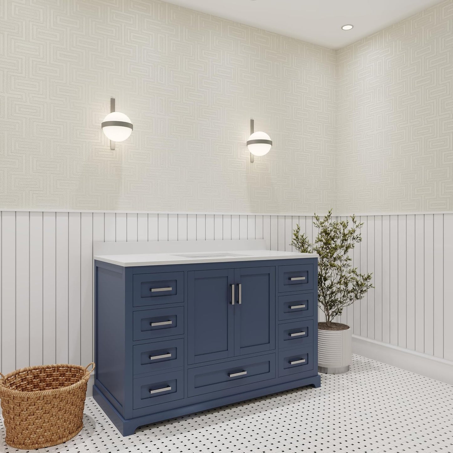 Ayna Decors Maya 48 Inch Navy Blue Bathroom Vanity with Sink, Quartz Countertop, 2 Soft Closing Doors, and 7 Full Extension Drawers, Brushed Nickel Hardware