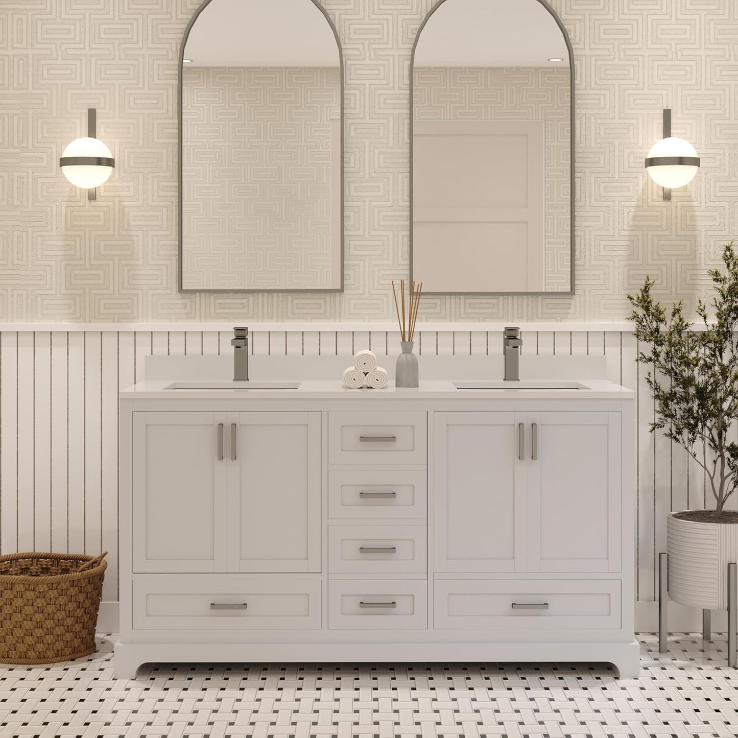 Ayna Decors Maya 60 Inch White Bathroom Vanity with Sink, Quartz Countertop, 4 Soft Closing Doors and 5 Full Extension Drawers, Brushed Nickel Hardware