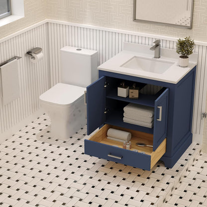Ayna Decors Maya 30 inch Navy Blue Bathroom Vanity Set with Quartz Countertop, Soft Closing Doors and Full Extension Drawer