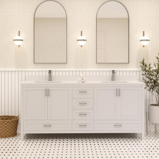 Ayna Decors Rooh 72 Inch White Bathroom Vanity with Sink, Quartz Countertop, 4 Soft Closing Doors and 5 Full Extension Drawers, Brushed Nickel Hardware