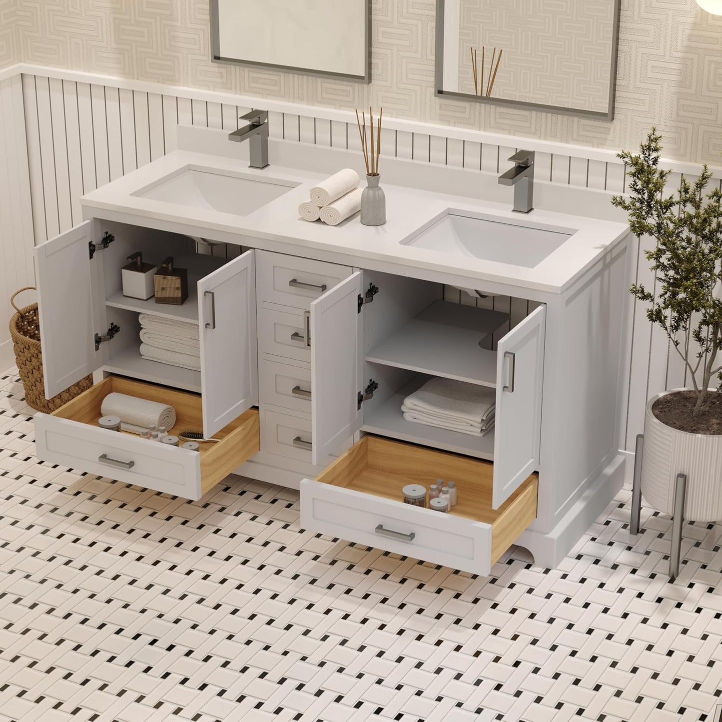Ayna Decors Maya 60 Inch White Bathroom Vanity with Sink, Quartz Countertop, 4 Soft Closing Doors and 5 Full Extension Drawers, Brushed Nickel Hardware