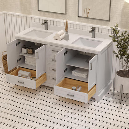 Ayna Decors Maya 60 Inch White Bathroom Vanity with Sink, Quartz Countertop, 4 Soft Closing Doors and 5 Full Extension Drawers, Brushed Nickel Hardware