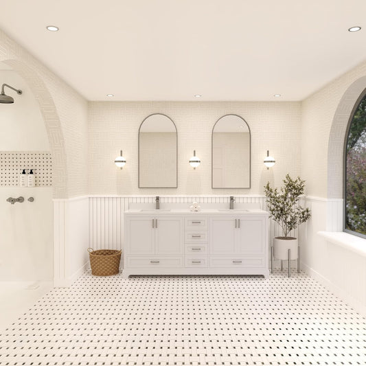 Ayna Decors Maya 72 Inch White Bathroom Vanity with Sink, Quartz Countertop, 4 Soft Closing Doors and 5 Full Extension Drawers, Brushed Nickel Hardware