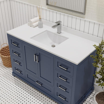 Ayna Decors Maya 48 Inch Navy Blue Bathroom Vanity with Sink, Quartz Countertop, 2 Soft Closing Doors, and 7 Full Extension Drawers, Brushed Nickel Hardware