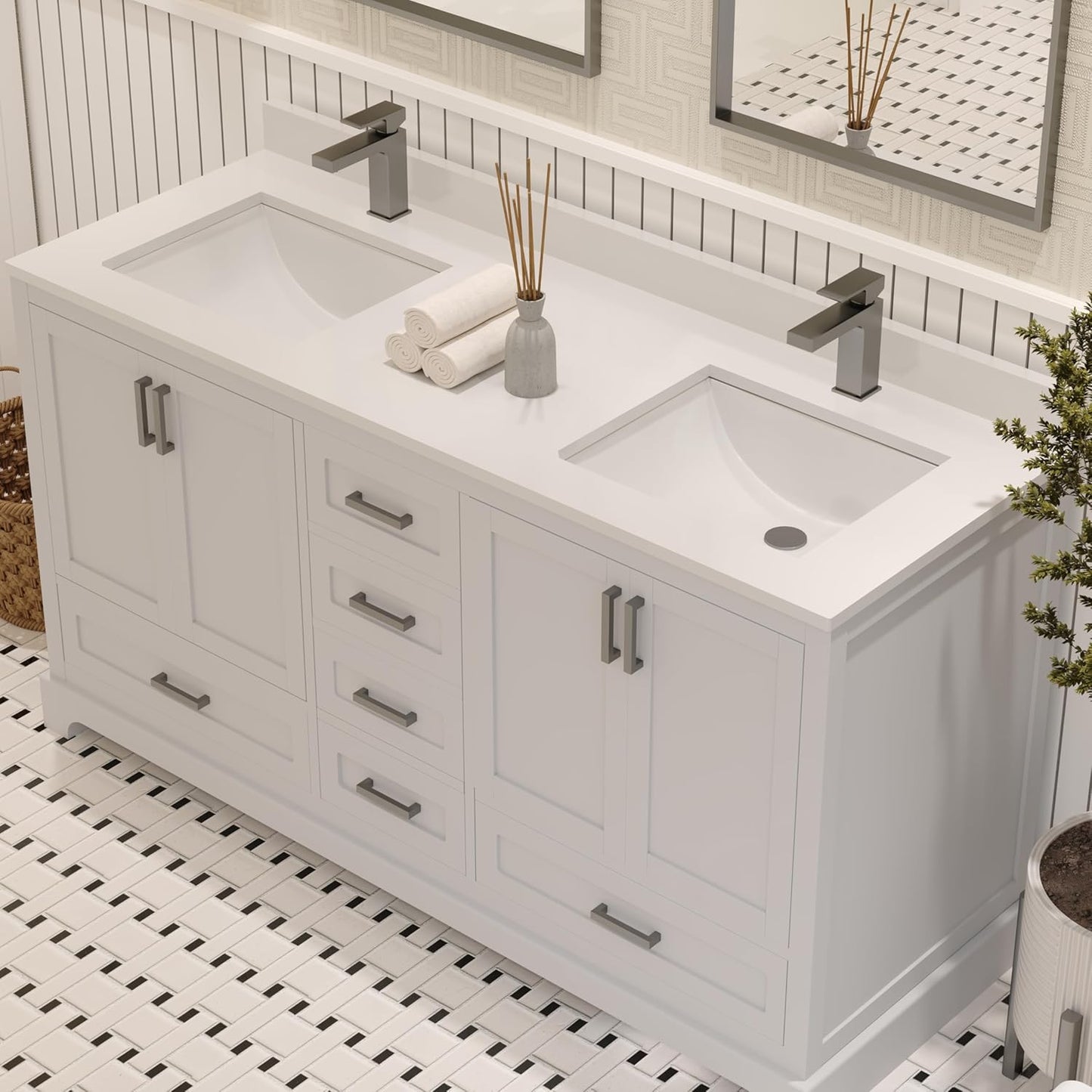 Ayna Decors Maya 60 Inch White Bathroom Vanity with Sink, Quartz Countertop, 4 Soft Closing Doors and 5 Full Extension Drawers, Brushed Nickel Hardware