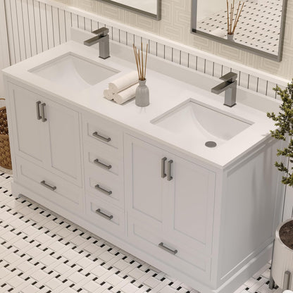 Ayna Decors Maya 60 Inch White Bathroom Vanity with Sink, Quartz Countertop, 4 Soft Closing Doors and 5 Full Extension Drawers, Brushed Nickel Hardware