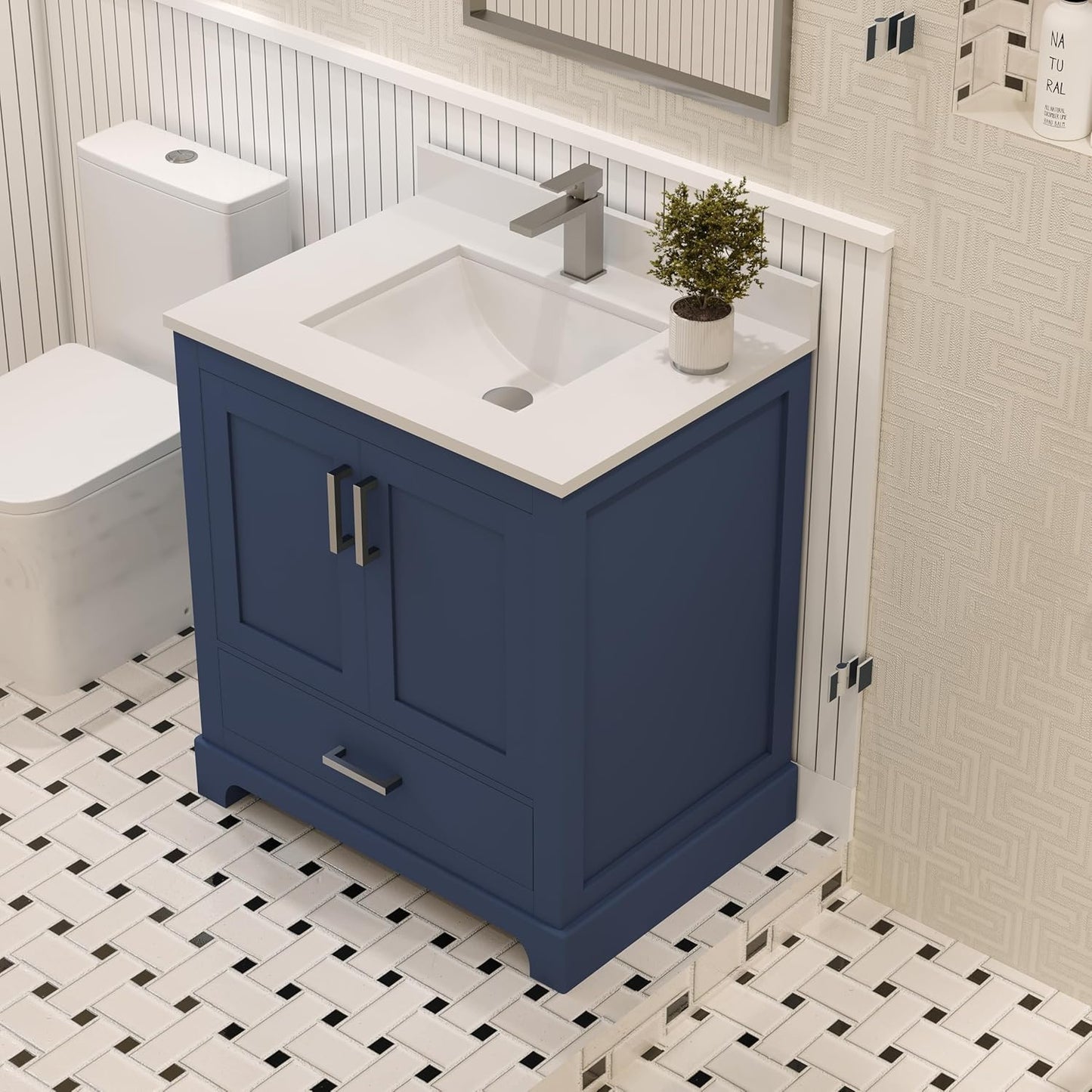 Ayna Decors Maya 30 inch Navy Blue Bathroom Vanity Set with Quartz Countertop, Soft Closing Doors and Full Extension Drawer