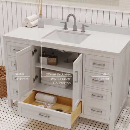 Ayna Decors Rooh 48 Inch White Bathroom Vanity with Sink and Quartz Countertop, 3 Pre-Drilled Faucet Holes, 2 Soft Closing Doors, and 7 Full Extension Drawers, Brushed Nickel Hardware
