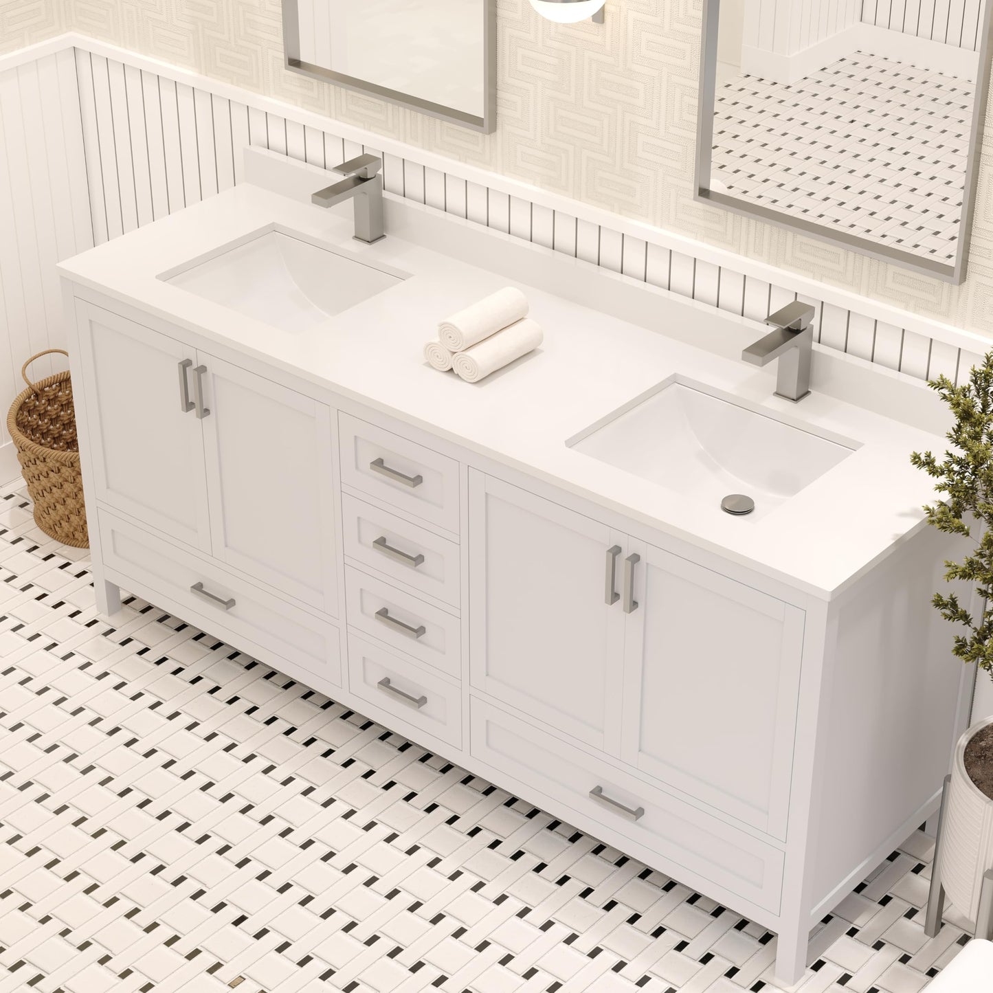 Ayna Decors Rooh 72 Inch White Bathroom Vanity with Sink, Quartz Countertop, 4 Soft Closing Doors and 5 Full Extension Drawers, Brushed Nickel Hardware