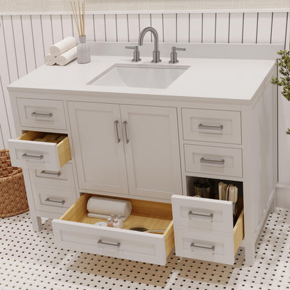Ayna Decors Rooh 48 Inch White Bathroom Vanity with Sink and Quartz Countertop, 3 Pre-Drilled Faucet Holes, 2 Soft Closing Doors, and 7 Full Extension Drawers, Brushed Nickel Hardware