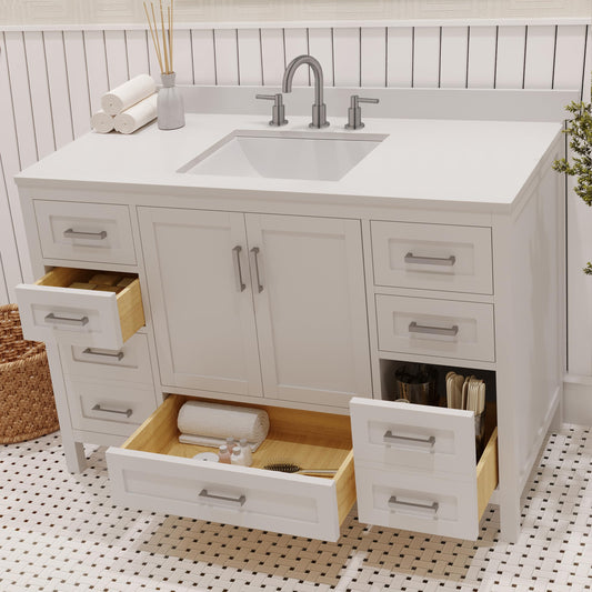 Ayna Decors Rooh 48 Inch White Bathroom Vanity with Sink and Quartz Countertop, 3 Pre-Drilled Faucet Holes, 2 Soft Closing Doors, and 7 Full Extension Drawers, Brushed Nickel Hardware