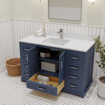 Ayna Decors Maya 48 Inch Navy Blue Bathroom Vanity with Sink, Quartz Countertop, 2 Soft Closing Doors, and 7 Full Extension Drawers, Brushed Nickel Hardware