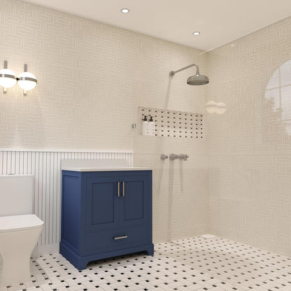 Ayna Decors Maya 30 inch Navy Blue Bathroom Vanity Set with Quartz Countertop, Soft Closing Doors and Full Extension Drawer