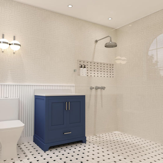 Ayna Decors Maya 30 inch Navy Blue Bathroom Vanity Set with Quartz Countertop, Soft Closing Doors and Full Extension Drawer