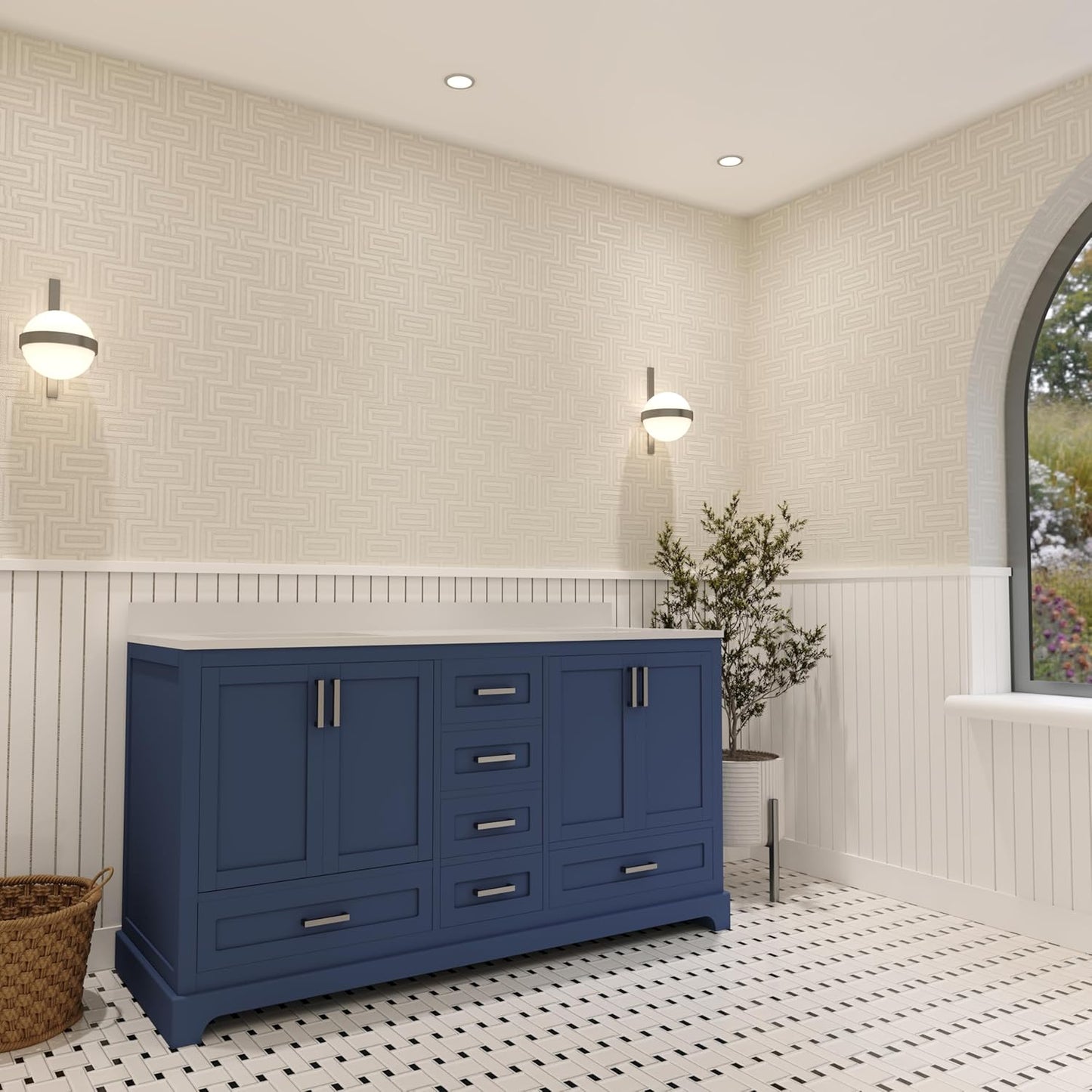 Ayna Decors Maya 60 Inch Navy Blue Bathroom Vanity with Sink, Quartz Countertop, 4 Soft Closing Doors and 5 Full Extension Drawers, Brushed Nickel Hardware