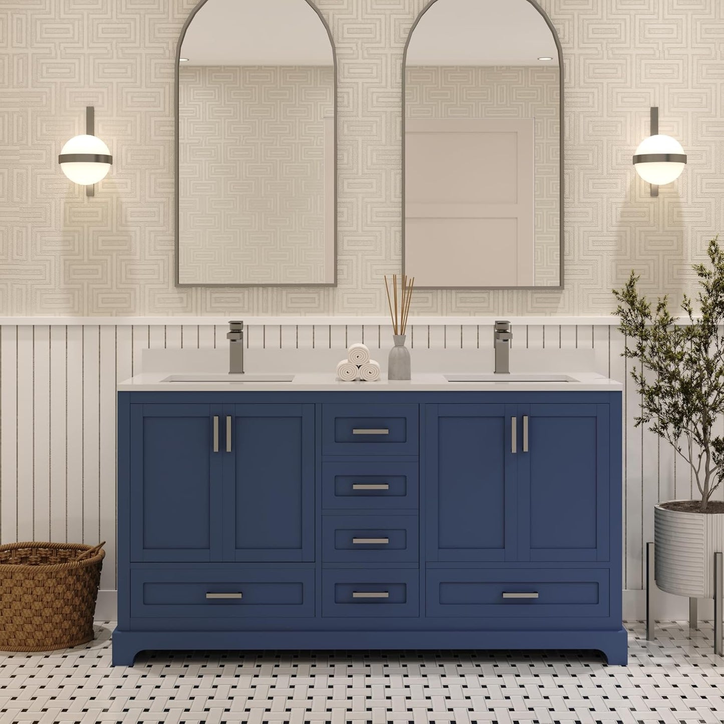 Ayna Decors Maya 60 Inch Navy Blue Bathroom Vanity with Sink, Quartz Countertop, 4 Soft Closing Doors and 5 Full Extension Drawers, Brushed Nickel Hardware
