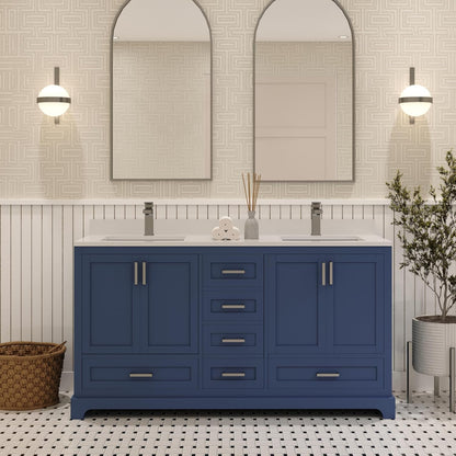 Ayna Decors Maya 60 Inch Navy Blue Bathroom Vanity with Sink, Quartz Countertop, 4 Soft Closing Doors and 5 Full Extension Drawers, Brushed Nickel Hardware