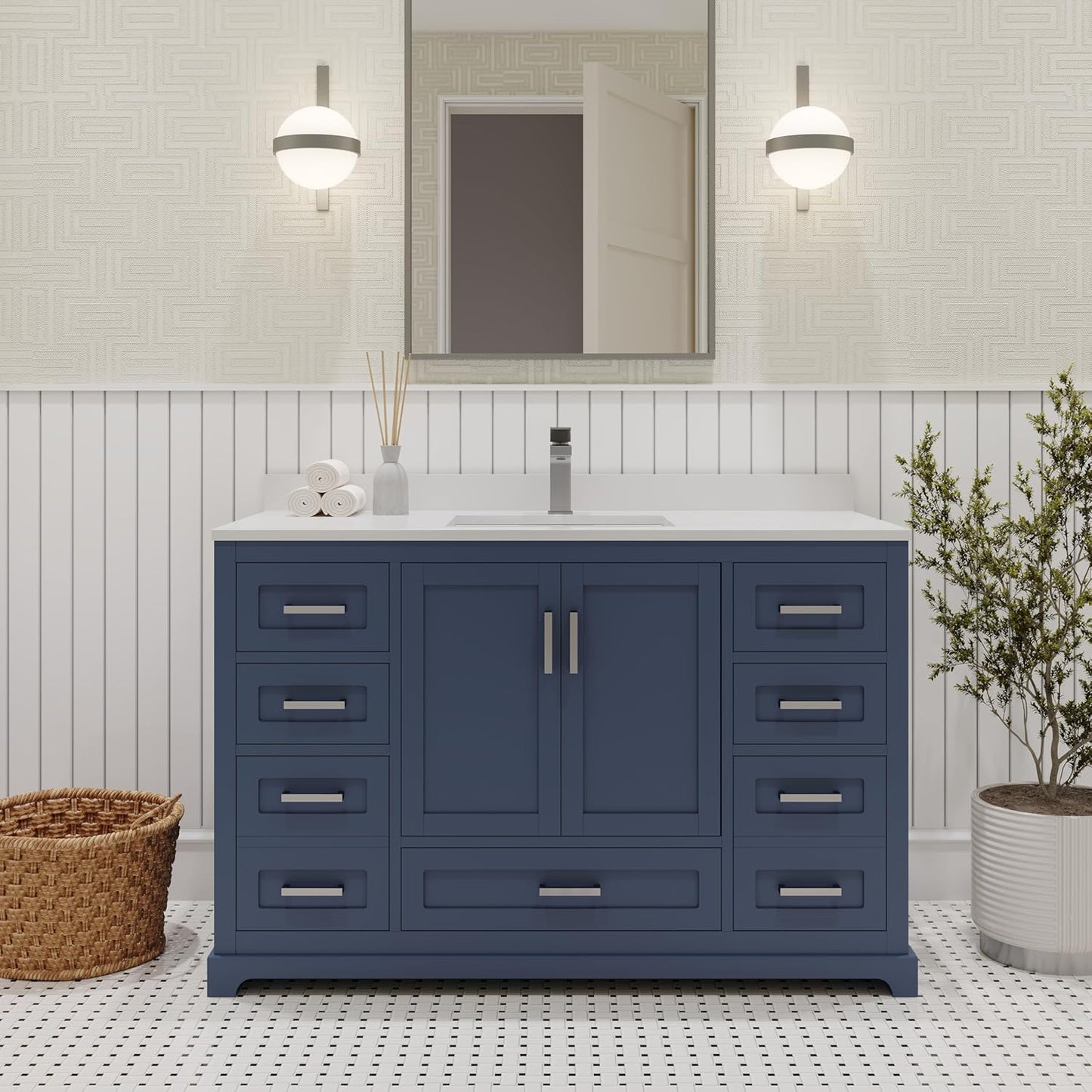Ayna Decors Maya 48 Inch Navy Blue Bathroom Vanity with Sink, Quartz Countertop, 2 Soft Closing Doors, and 7 Full Extension Drawers, Brushed Nickel Hardware
