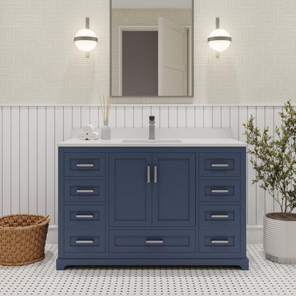Ayna Decors Maya 48 Inch Navy Blue Bathroom Vanity with Sink, Quartz Countertop, 2 Soft Closing Doors, and 7 Full Extension Drawers, Brushed Nickel Hardware