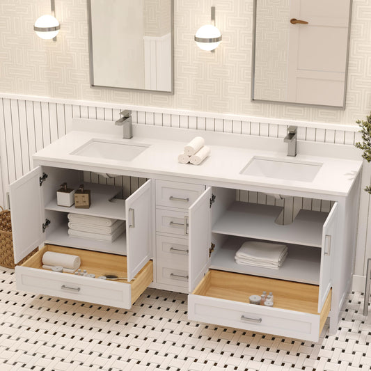 Ayna Decors Rooh 72 Inch White Bathroom Vanity with Sink, Quartz Countertop, 4 Soft Closing Doors and 5 Full Extension Drawers, Brushed Nickel Hardware