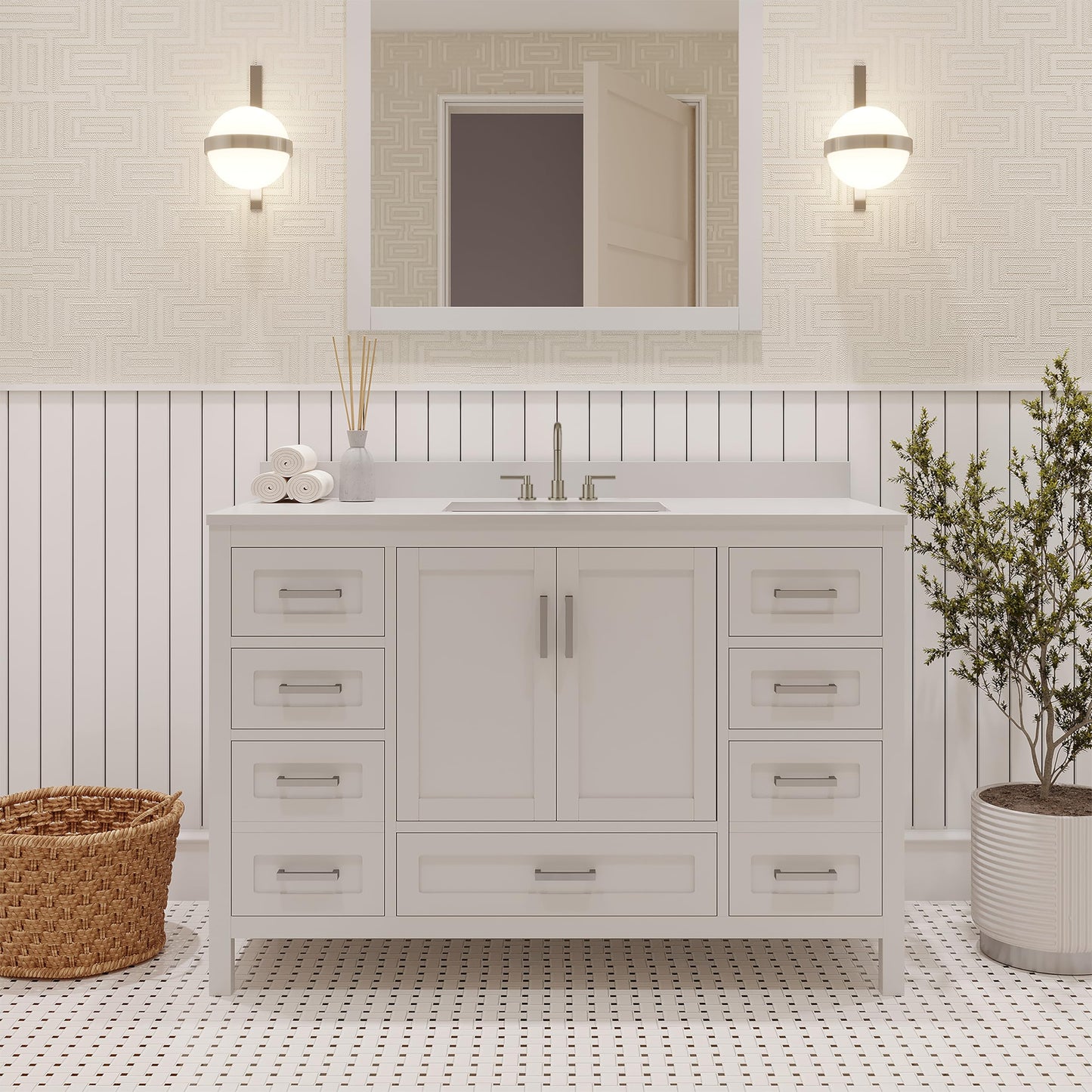 Ayna Decors Rooh 48 Inch White Bathroom Vanity with Sink and Quartz Countertop, 3 Pre-Drilled Faucet Holes, 2 Soft Closing Doors, and 7 Full Extension Drawers, Brushed Nickel Hardware