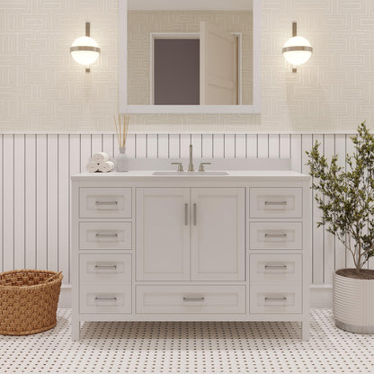 Ayna Decors Rooh 48 Inch White Bathroom Vanity with Sink and Quartz Countertop, 3 Pre-Drilled Faucet Holes, 2 Soft Closing Doors, and 7 Full Extension Drawers, Brushed Nickel Hardware