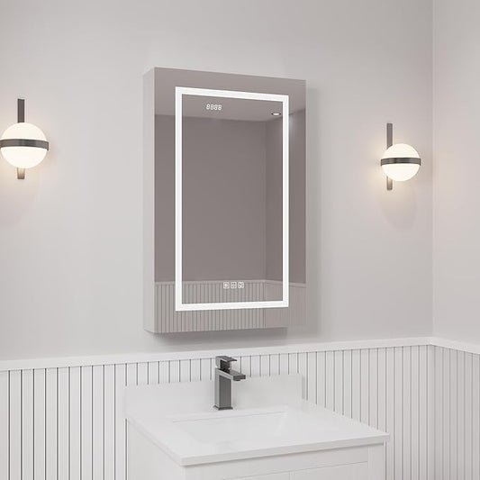 LED Lighted Medicine Cabinet with Mirror – Recessed or Surface Mount, Defogger, Dimmer, Clock, Temp Display, 3X Makeup Mirror, USB & Dual Outlets (Left or Right Opening)
