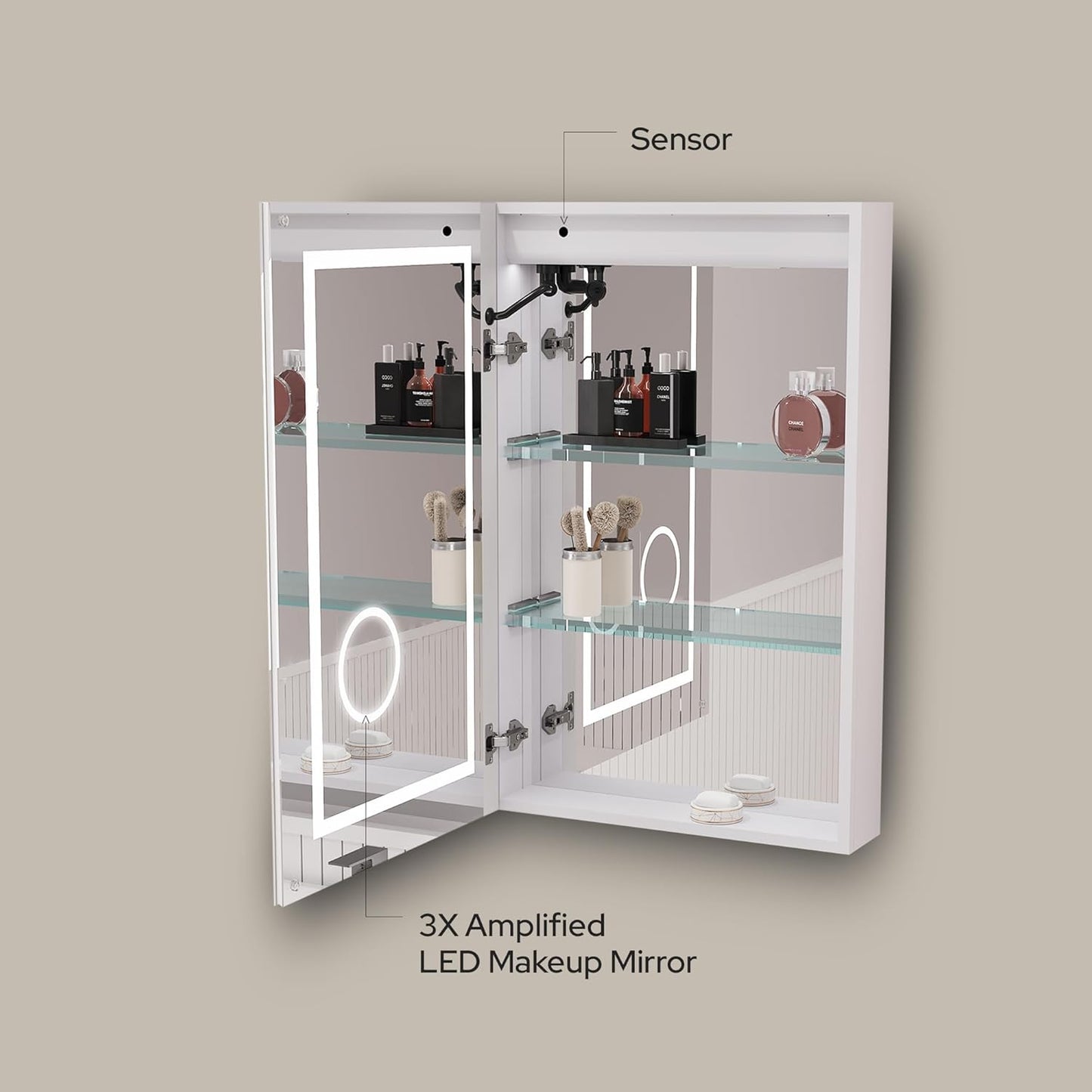LED Lighted Medicine Cabinet with Mirror – Recessed or Surface Mount, Defogger, Dimmer, Clock, Temp Display, 3X Makeup Mirror, USB & Dual Outlets (Left or Right Opening)
