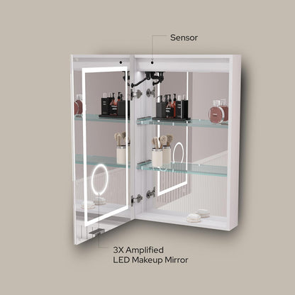 LED Lighted Medicine Cabinet with Mirror – Recessed or Surface Mount, Defogger, Dimmer, Clock, Temp Display, 3X Makeup Mirror, USB & Dual Outlets (Left or Right Opening)