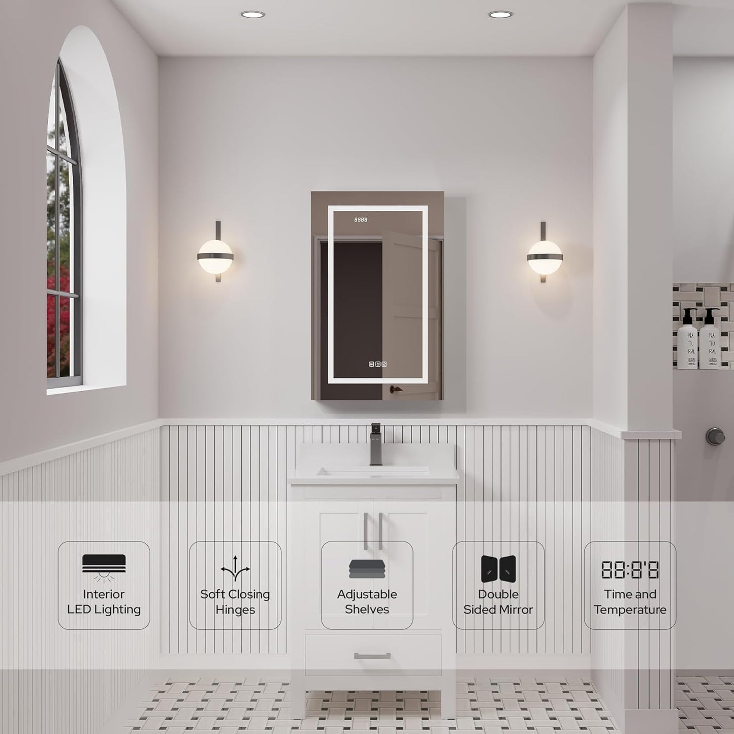 LED Lighted Medicine Cabinet with Mirror – Recessed or Surface Mount, Defogger, Dimmer, Clock, Temp Display, 3X Makeup Mirror, USB & Dual Outlets (Left or Right Opening)
