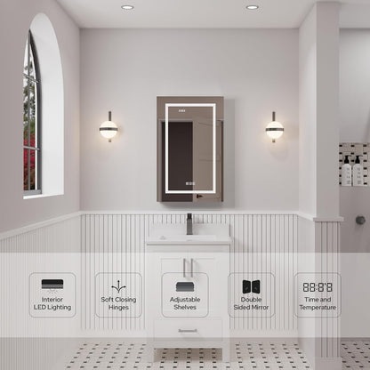 LED Lighted Medicine Cabinet with Mirror – Recessed or Surface Mount, Defogger, Dimmer, Clock, Temp Display, 3X Makeup Mirror, USB & Dual Outlets (Left or Right Opening)