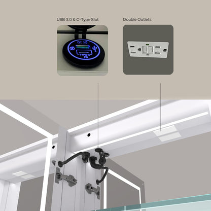 LED Lighted Medicine Cabinet with Mirror – Recessed or Surface Mount, Defogger, Dimmer, Clock, Temp Display, 3X Makeup Mirror, USB & Dual Outlets (Left or Right Opening)
