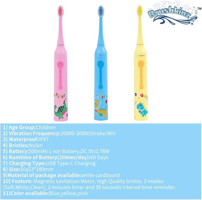 Kids Electric Toothbrush - 3 Modes with Smart Timer - Soft Bristle USB Rechargeable Toothbrush - Sonic Power Vibrating Toothbrush for Dental Oral Care - Lasts 50 Days