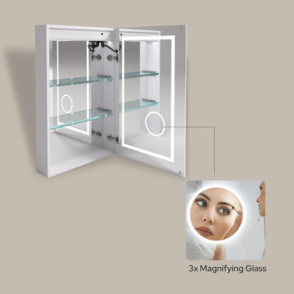 LED Lighted Medicine Cabinet with Mirror – Recessed or Surface Mount, Defogger, Dimmer, Clock, Temp Display, 3X Makeup Mirror, USB & Dual Outlets (Left or Right Opening)